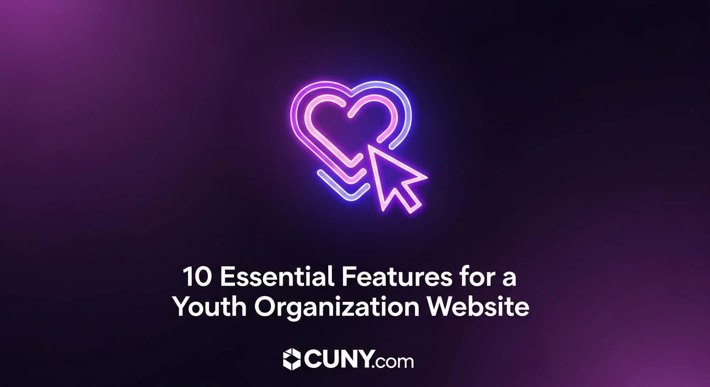 A guide to the 10 essential features for a youth organization website, showing a glowing heart icon with a cursor.
