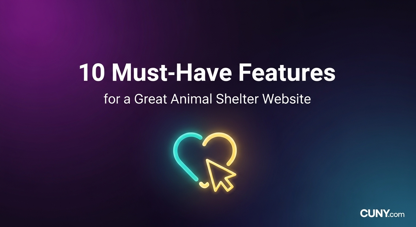A guide to the 10 must-have features for a great animal shelter website, showing a paw print inside a glowing heart.