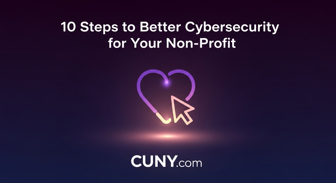 A guide to better cybersecurity for non-profits, showing a glowing heart icon with a cursor.