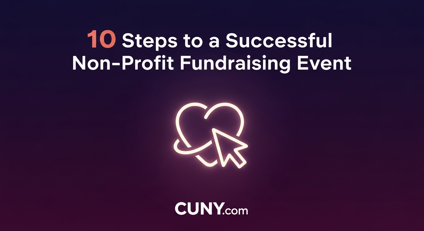 A guide to a successful non-profit fundraising event, showing a glowing heart and cursor icon.