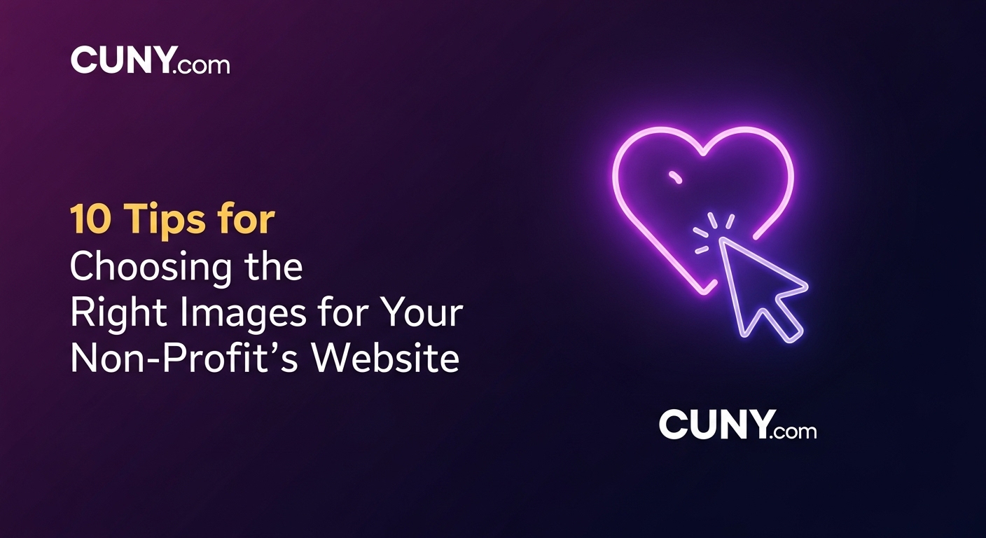 A guide to choosing the right images for a non-profit website, showing a gallery of photos with one highlighted by a heart.