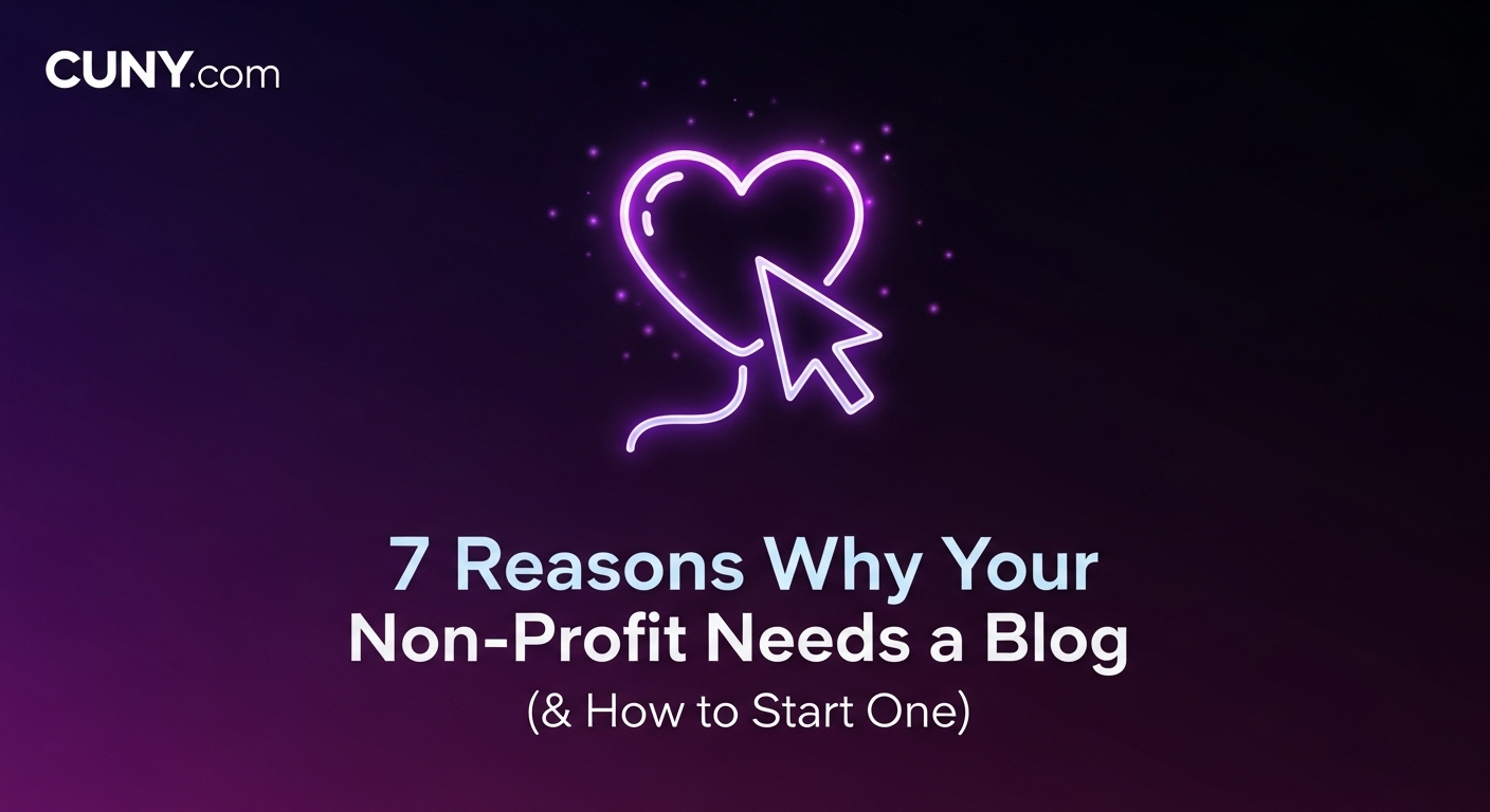 A guide to the 7 reasons why non-profits need a blog, showing a glowing heart icon with a cursor.