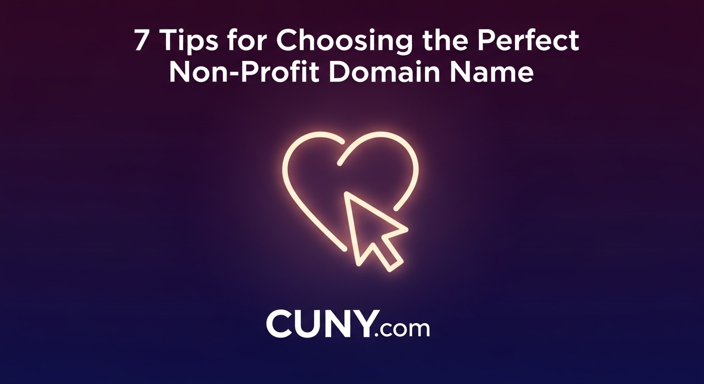 A guide to choosing the perfect non-profit domain name, showing a glowing heart icon with a cursor.