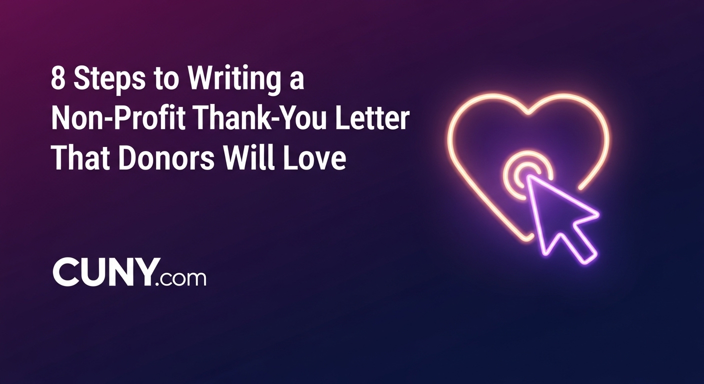 A guide to writing a non-profit thank-you letter, showing a glowing heart icon with a cursor.