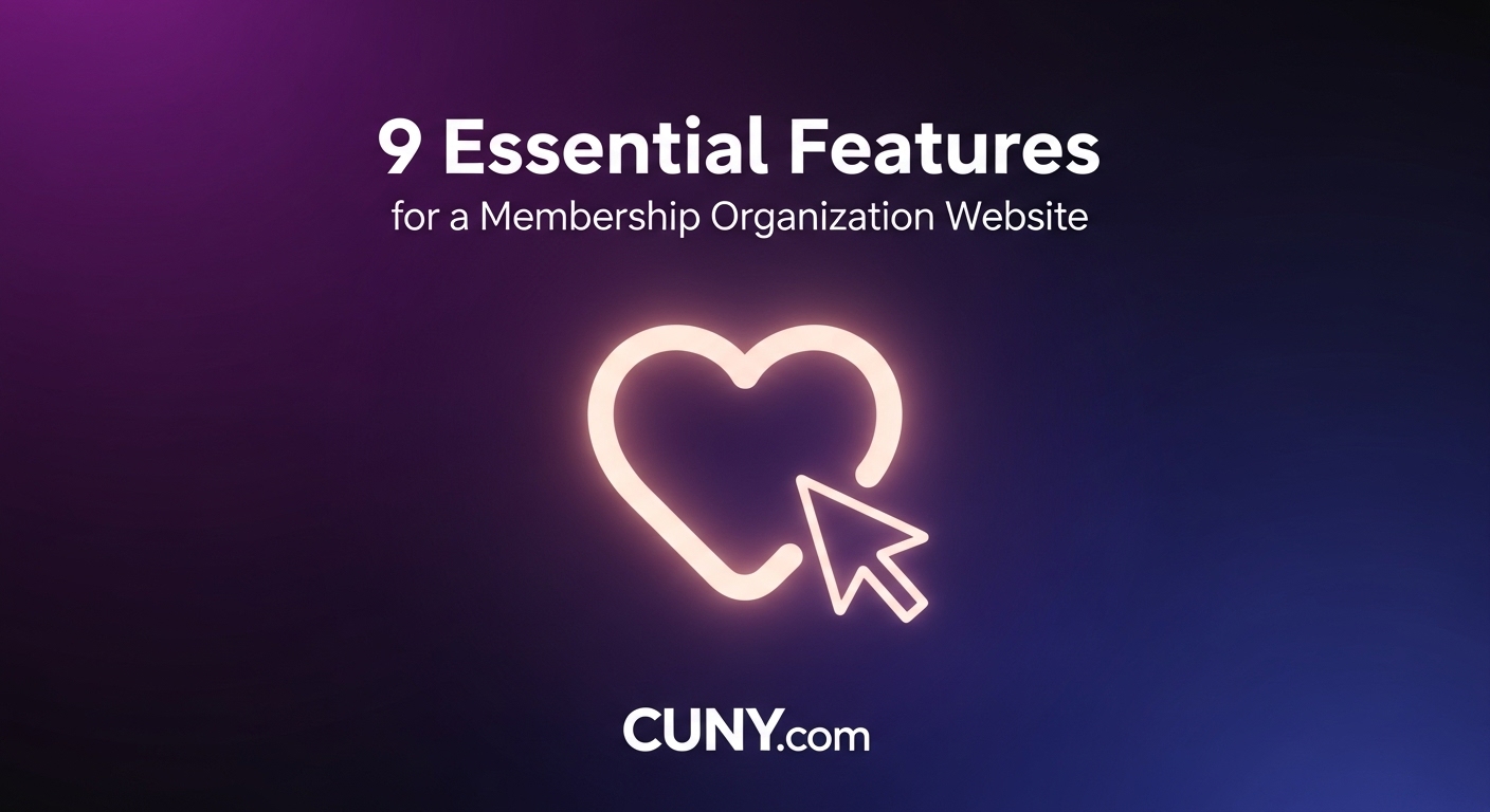 A guide to the 9 essential features for a membership organization website, showing a glowing heart icon with a cursor.