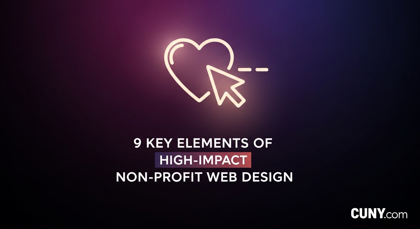 A guide to non-profit web design, showing a website wireframe being built with key elements.