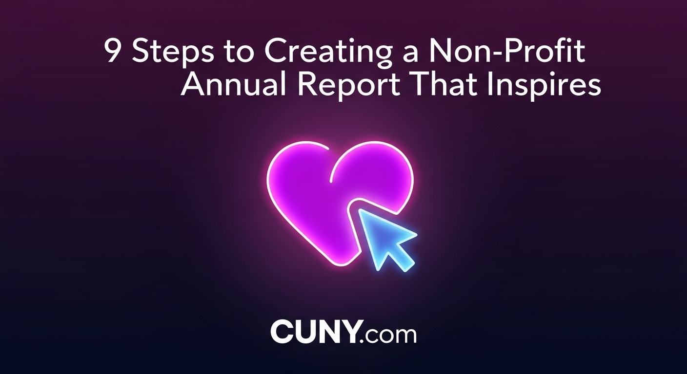 A guide to creating an inspiring non-profit annual report, showing a glowing heart icon with a cursor.