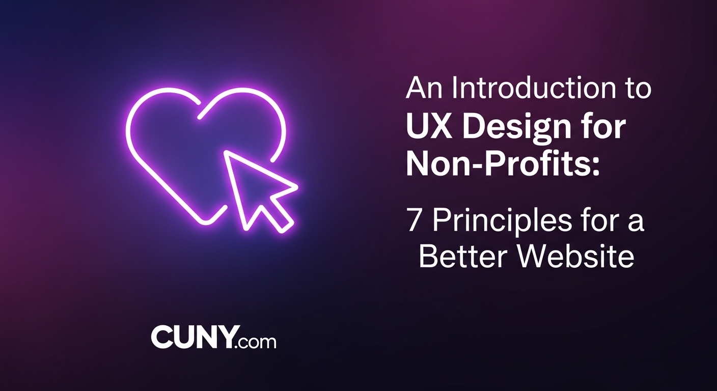 A guide to UX design for non-profits, showing a person interacting with a simple, user-friendly website interface.