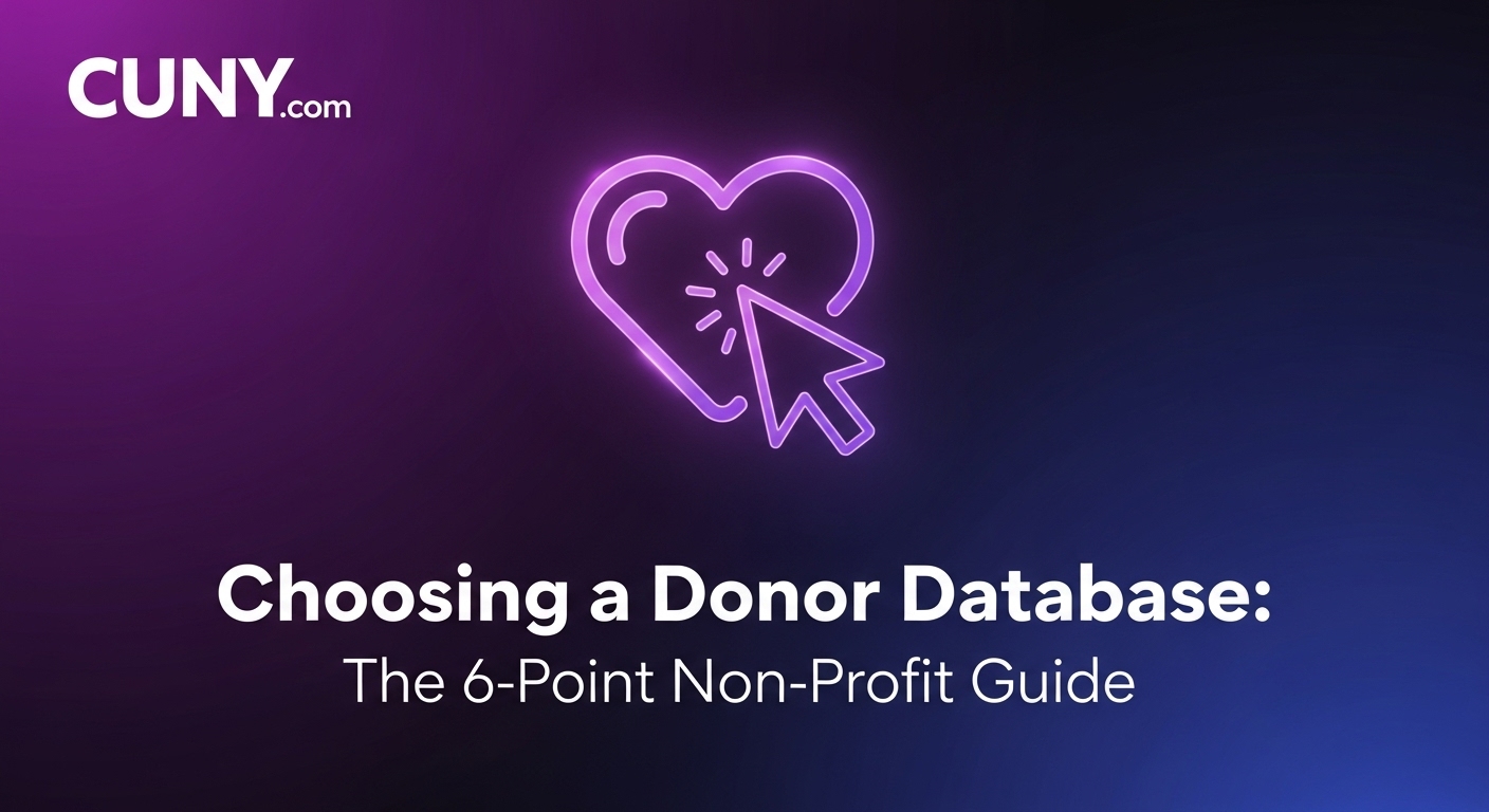 A guide to choosing a non-profit donor database, showing a central hub connecting to different supporter icons.