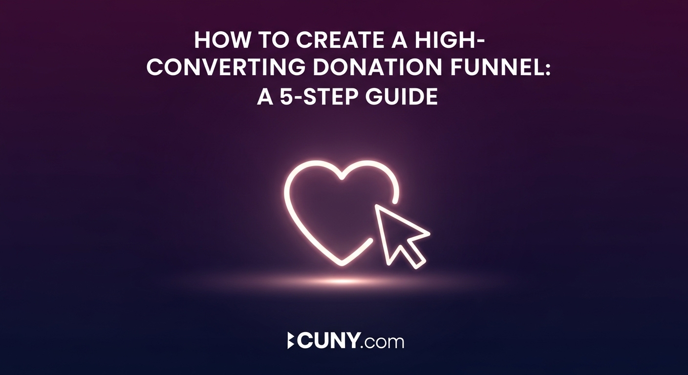 A guide to creating a high-converting donation funnel, showing a glowing heart icon with a cursor.