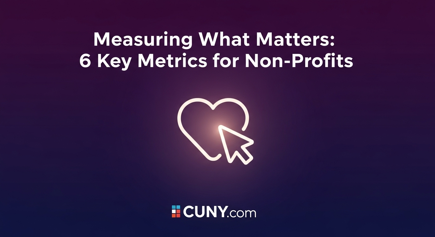 A guide to key metrics for non-profits, showing a glowing heart icon with a cursor poised to click, symbolizing engagement.