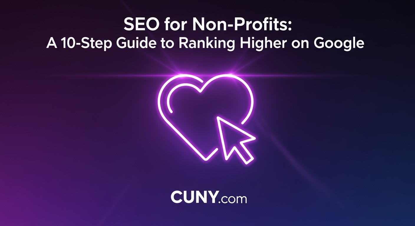 A guide to SEO for non-profits, showing a magnifying glass highlighting a website on a search results page.