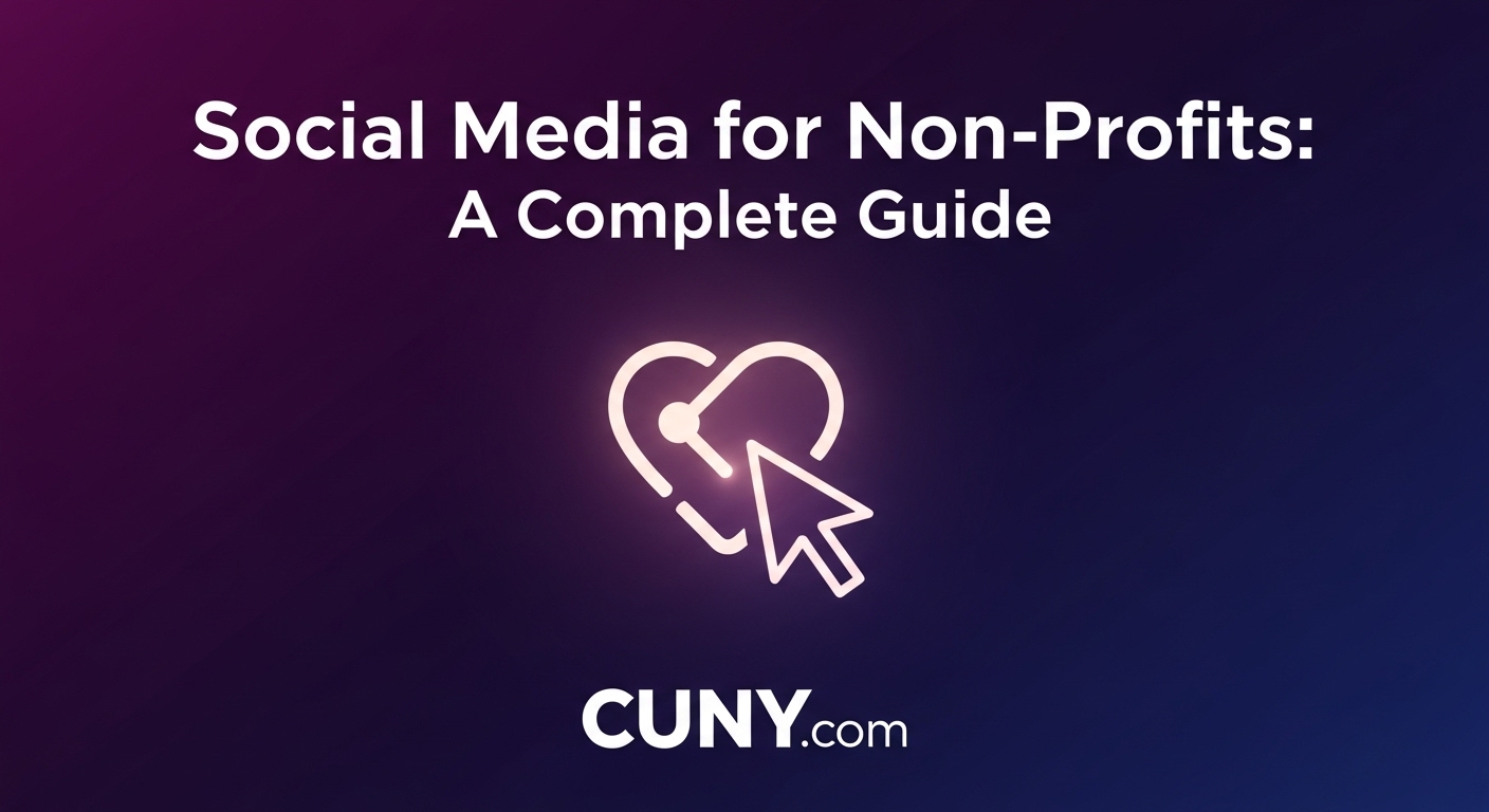 A guide to social media for non-profits, featuring a central community icon connected to various social media logos.