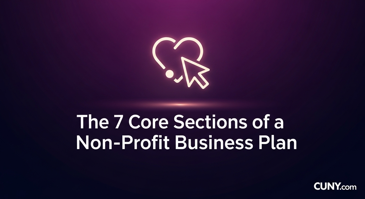 A guide to the 7 core sections of a non-profit business plan, showing puzzle pieces forming a document.
