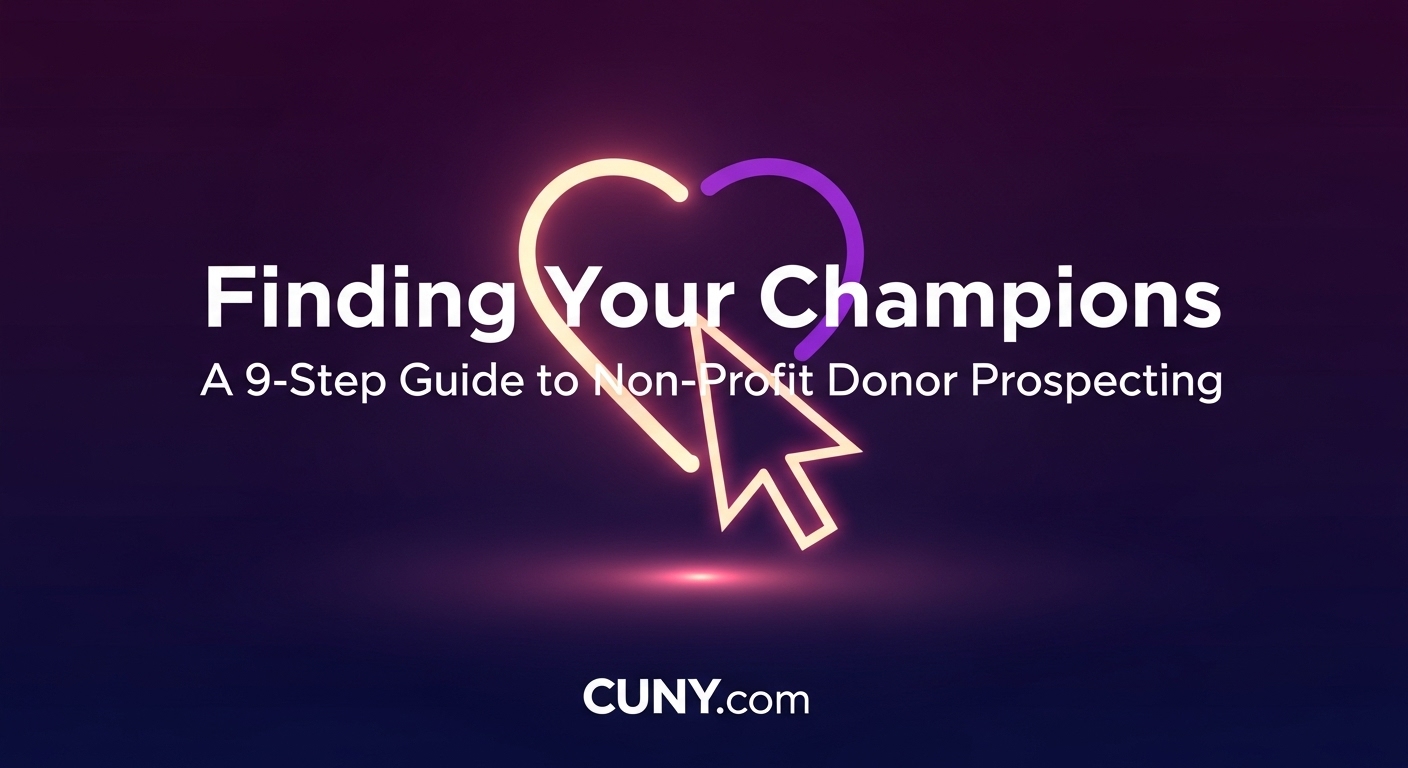 Finding Your Champions: A 9-Step Guide to Non-Profit Donor Prospecting, with an icon of a magnifying glass over a person with a heart.