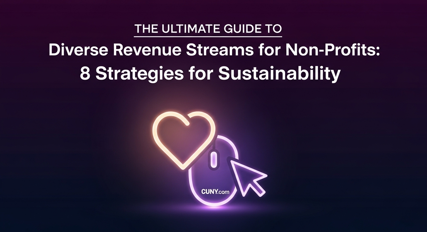 The Ultimate Guide to Diverse Revenue Streams for Non-Profits: 8 Strategies for Sustainability, with an icon showing multiple streams flowing into a heart.