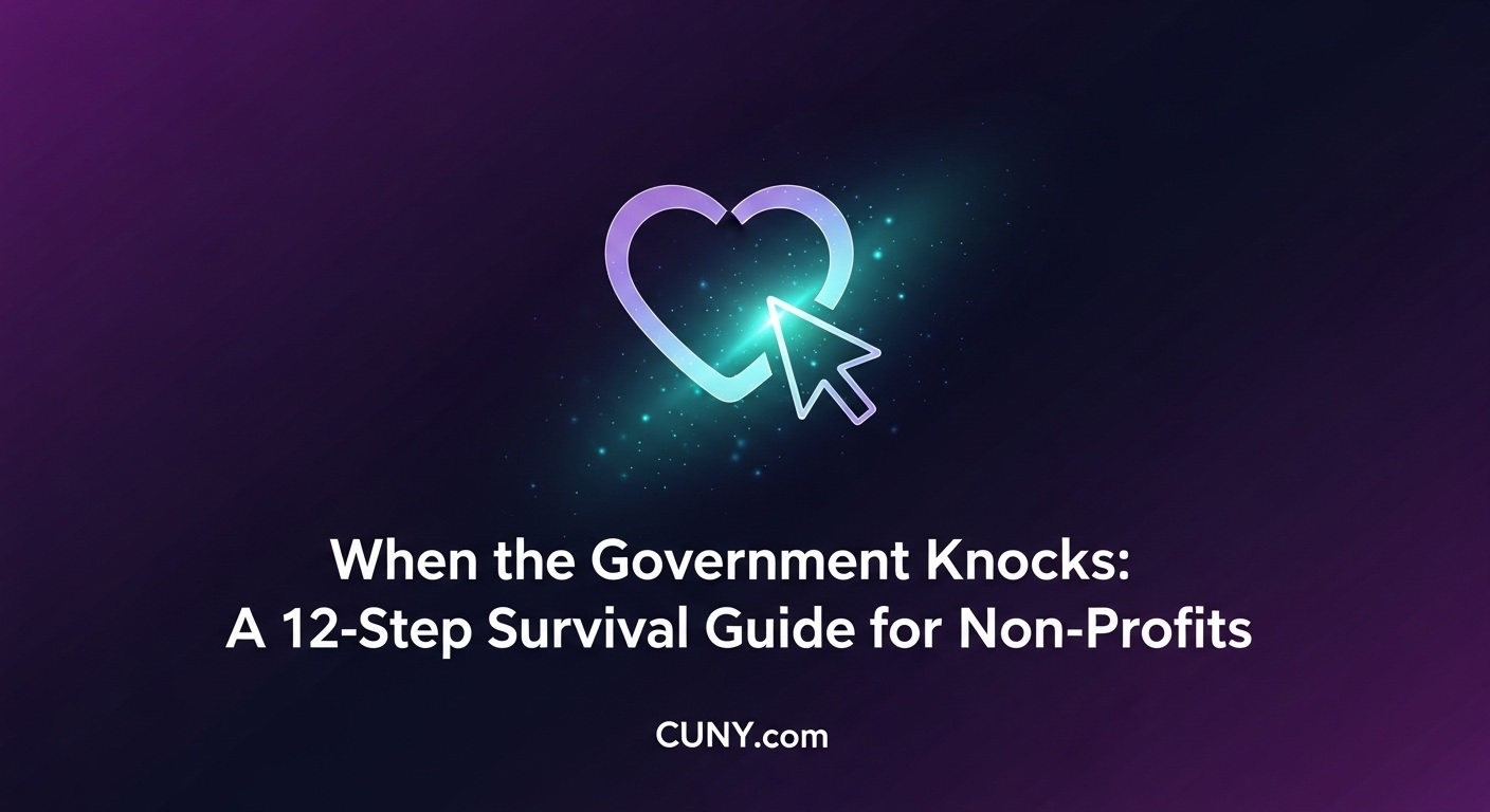 When the Government Knocks: A 12-Step Survival Guide for Non-Profits, with an icon of a magnifying glass over a building with a heart.